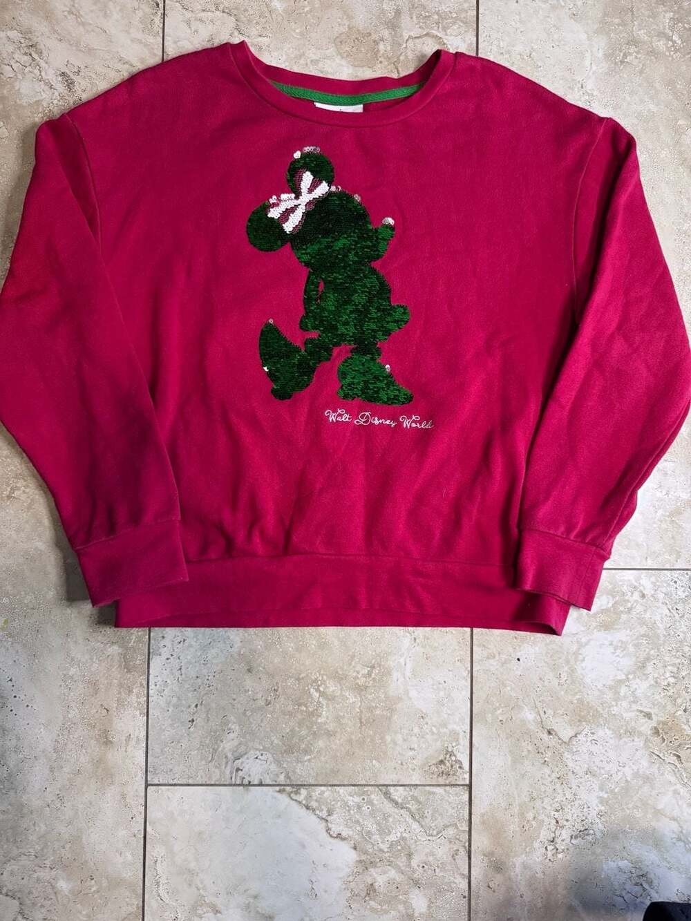Disney Parks Disney World Green Sequin Minnie Mouse Christmas Red Sweatshirt